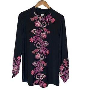 Chicos Women Asian Inspired Floral Paisley Blouse Top Sz L Mandarin Collar Artsy